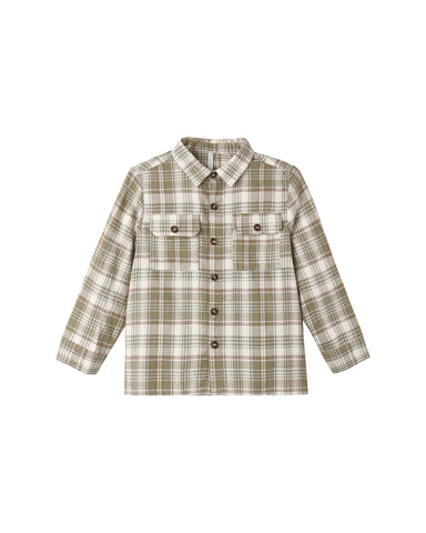A long-sleeve plaid button-up shirt in beige and olive green, featuring two chest pockets with button closures, shown against a plain white background.