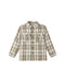A long-sleeve plaid button-up shirt in beige and olive green, featuring two chest pockets with button closures, shown against a plain white background.