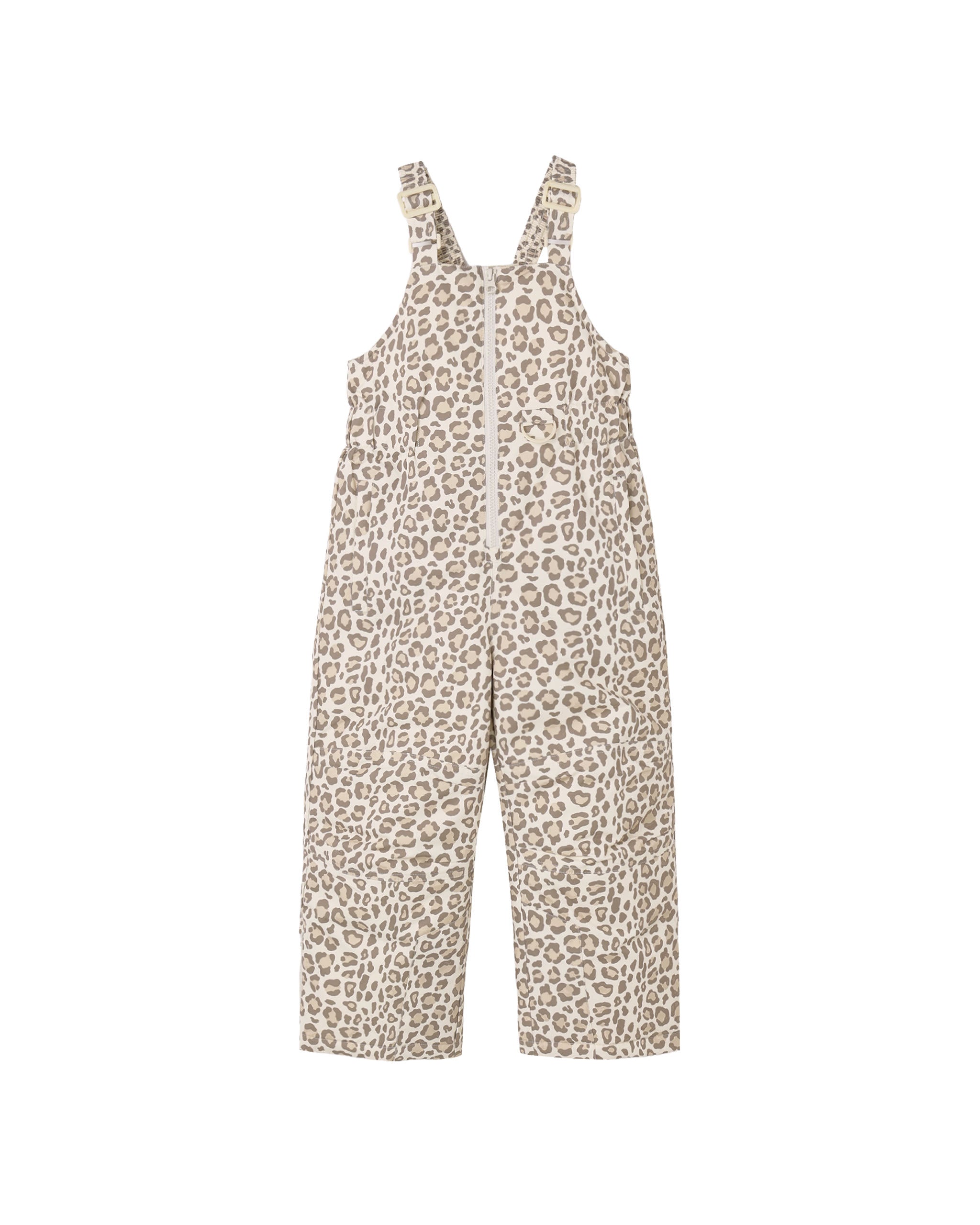 A sleeveless one-piece snowsuit with a beige and brown leopard print pattern, shown flat against a solid white background.