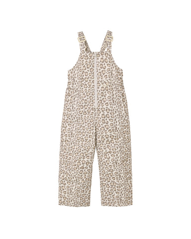 A sleeveless one-piece snowsuit with a beige and brown leopard print pattern, shown flat against a solid white background.