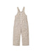A sleeveless one-piece snowsuit with a beige and brown leopard print pattern, shown flat against a solid white background.