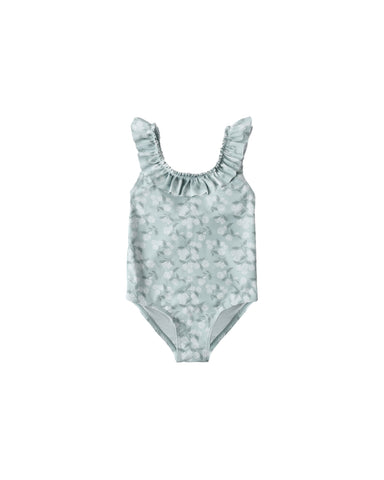 Girls swimsuit with hydrangea pattern on white background