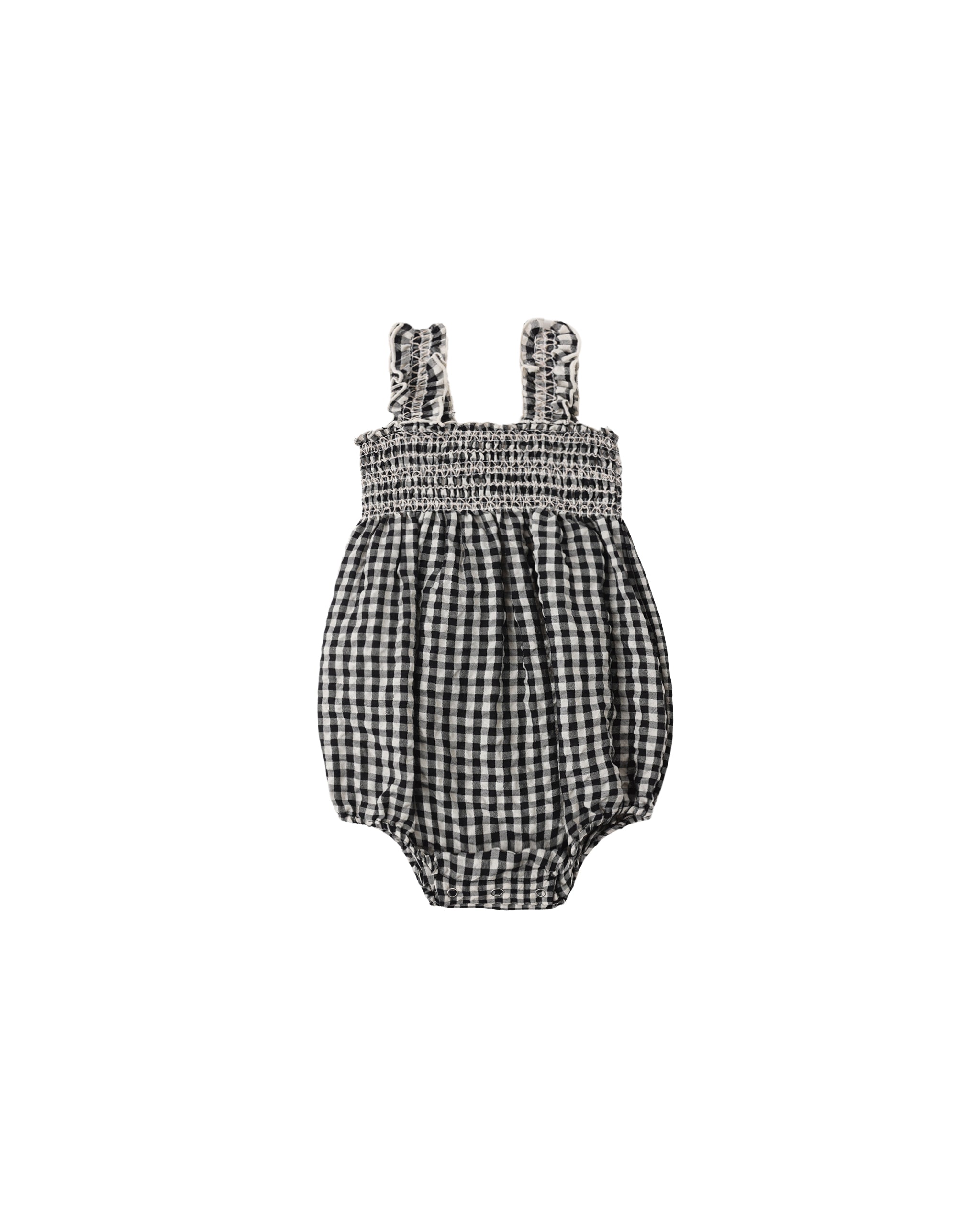 Black and white checkered baby romper on a white background