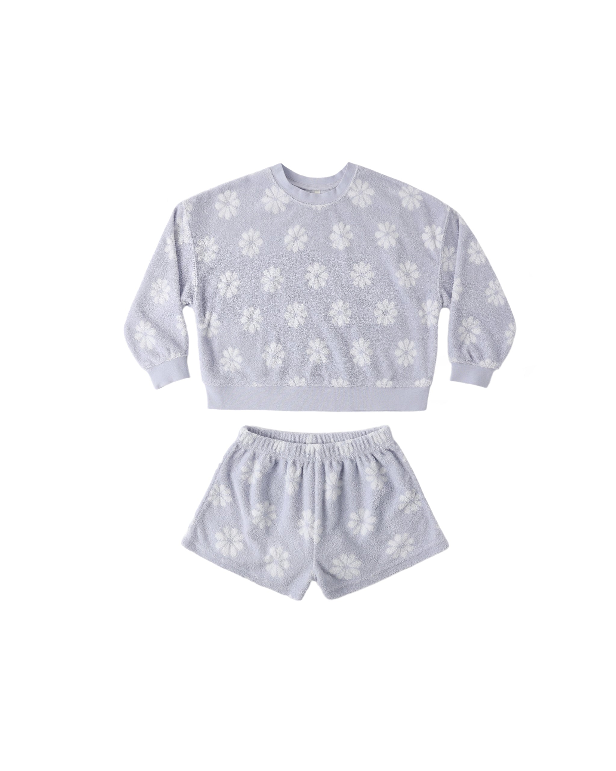 Periwinkle short set with daisy pattern