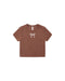 A brown short-sleeve crop top for kids, featuring a small white bow graphic on the center chest, displayed flat against a solid white background.