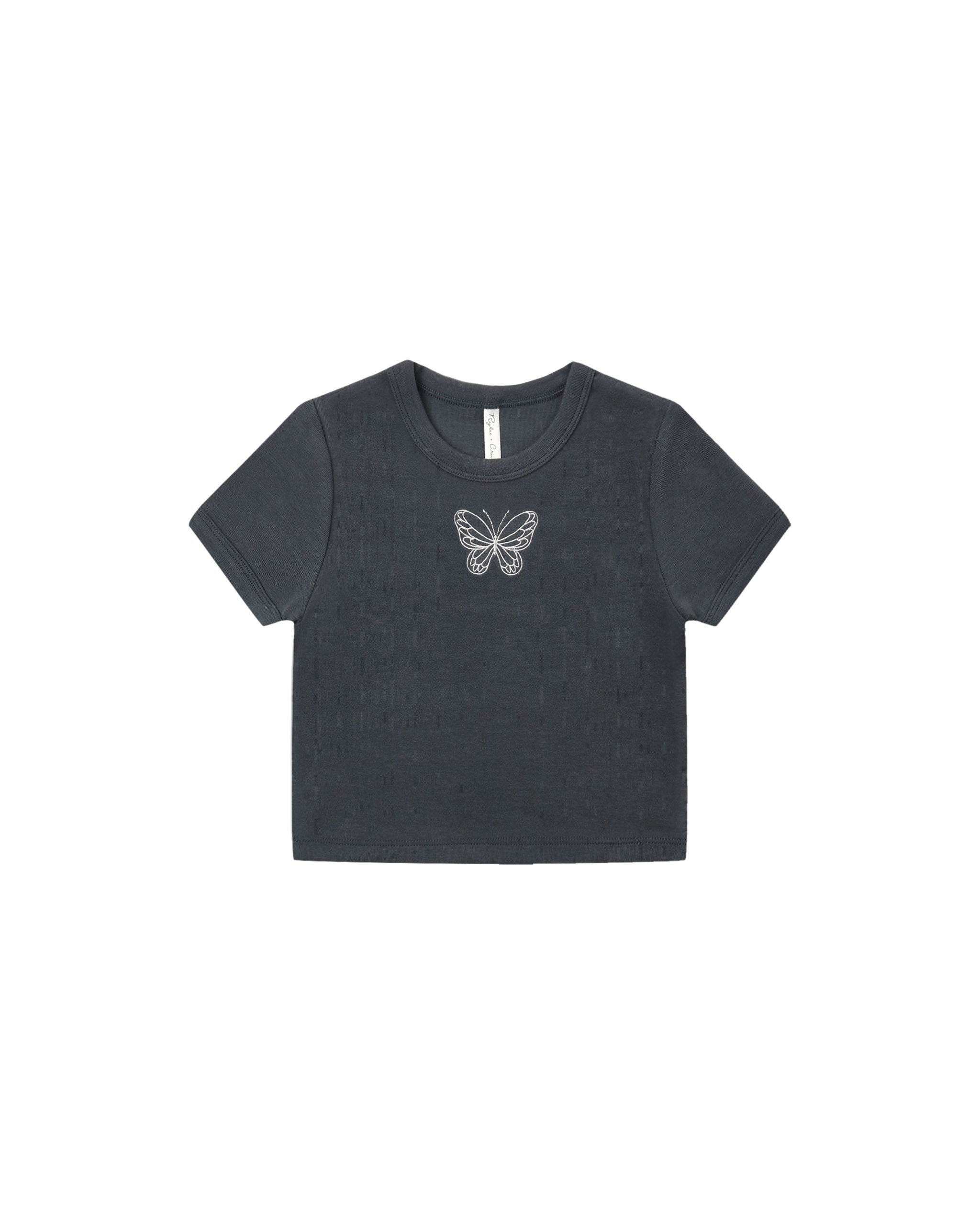 A dark charcoal gray short-sleeve crop top featuring a small white embroidered butterfly on the center chest, displayed flat against a solid white background.