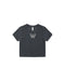 A dark charcoal gray short-sleeve crop top featuring a small white embroidered butterfly on the center chest, displayed flat against a solid white background.