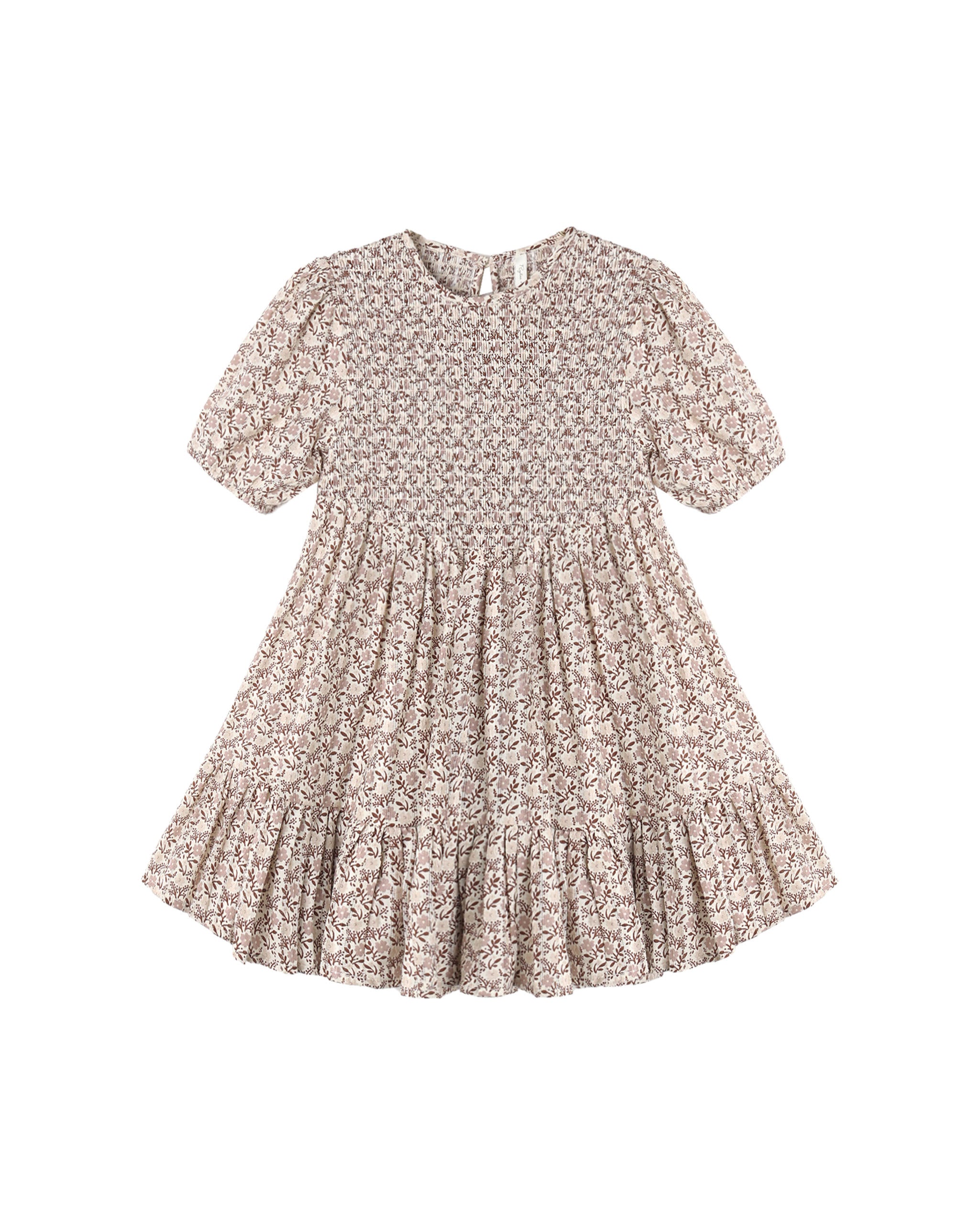 A short-sleeve babydoll dress with a smocked bodice and a tiered ruffle hem, featuring a delicate beige and brown floral pattern, shown on a plain white background.