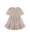 A short-sleeve babydoll dress with a smocked bodice and a tiered ruffle hem, featuring a delicate beige and brown floral pattern, shown on a plain white background.