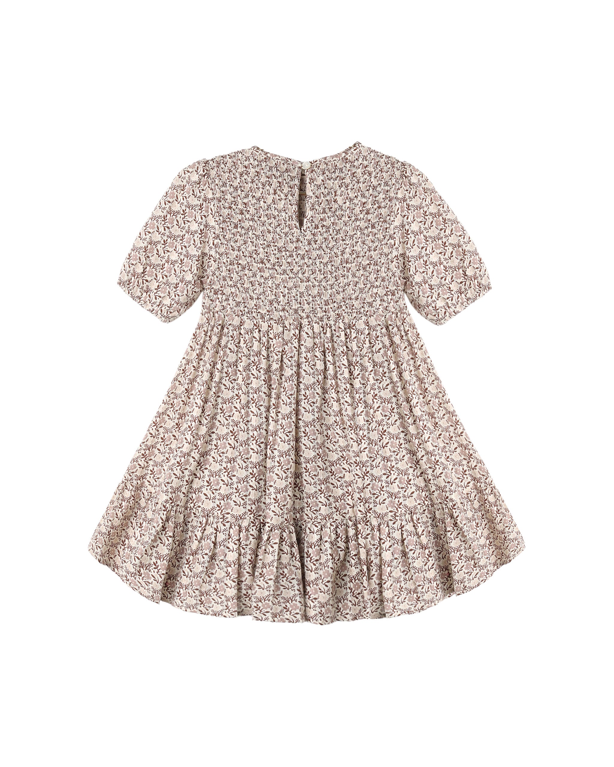 A short-sleeve baby dress with a dense beige and brown floral pattern, featuring a smocked bodice and a ruffled hem, shown flat against a white background.