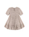 A short-sleeve baby dress with a dense beige and brown floral pattern, featuring a smocked bodice and a ruffled hem, shown flat against a white background.