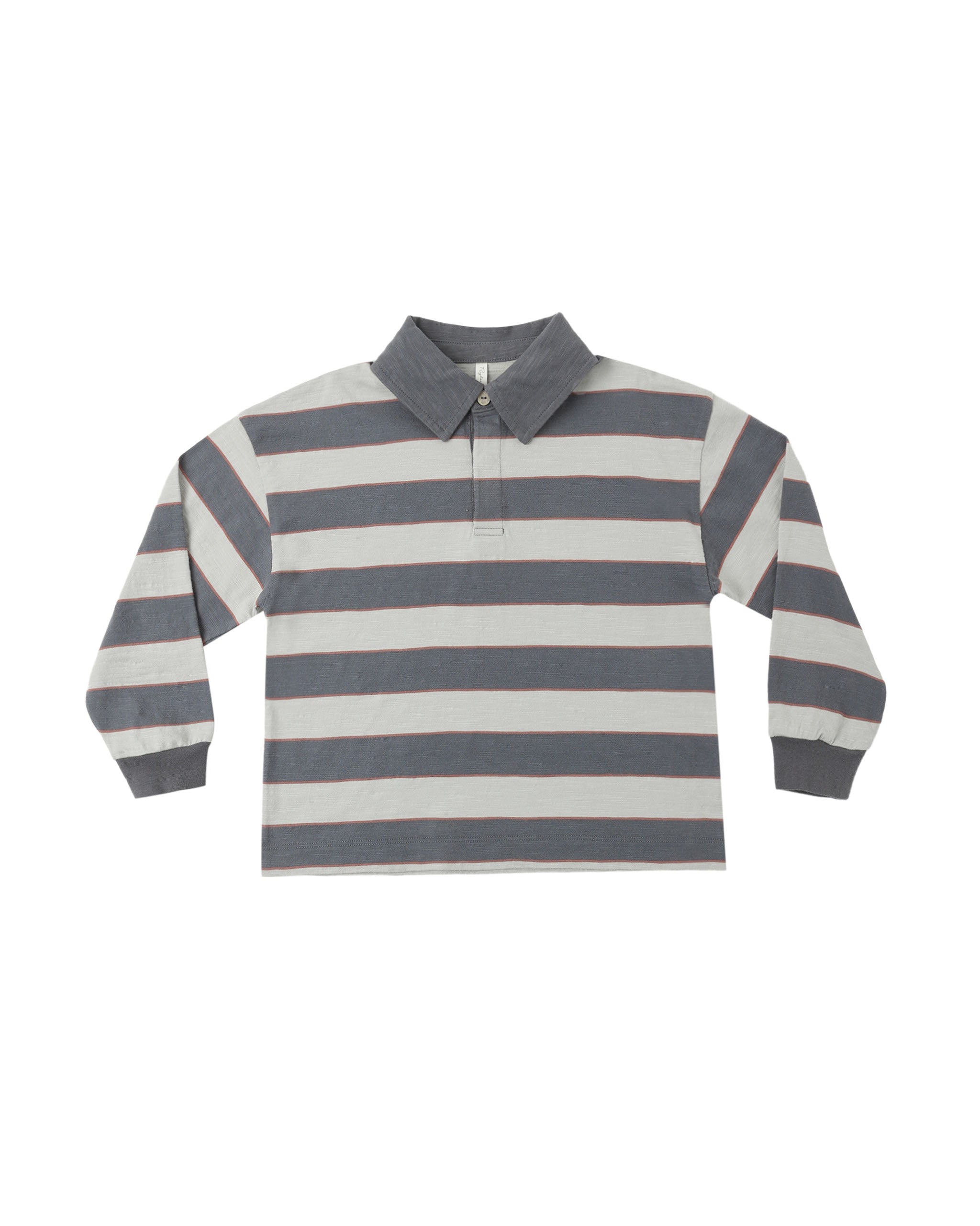 A long-sleeve polo shirt with horizontal gray and off-white stripes, featuring a solid gray collar and button placket, displayed flat against a white background.