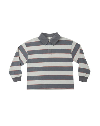A long-sleeve polo shirt with horizontal gray and off-white stripes, featuring a solid gray collar and button placket, displayed flat against a white background.