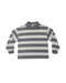 A long-sleeve polo shirt with horizontal gray and off-white stripes, featuring a solid gray collar and button placket, displayed flat against a white background.