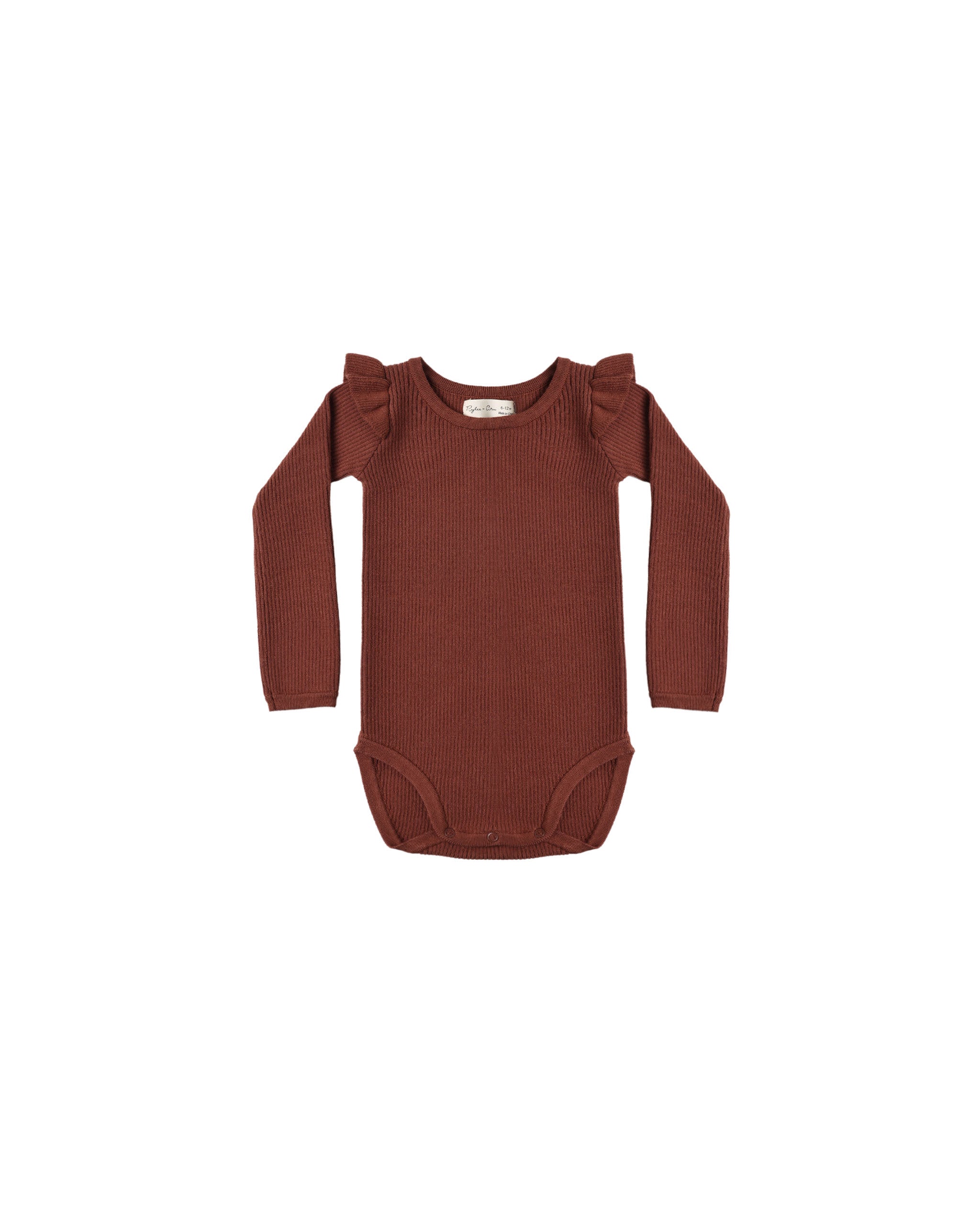 A brown colored ruffled shoulder onesie on a white background