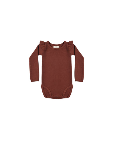 A brown colored ruffled shoulder onesie on a white background