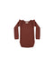 A brown colored ruffled shoulder onesie on a white background
