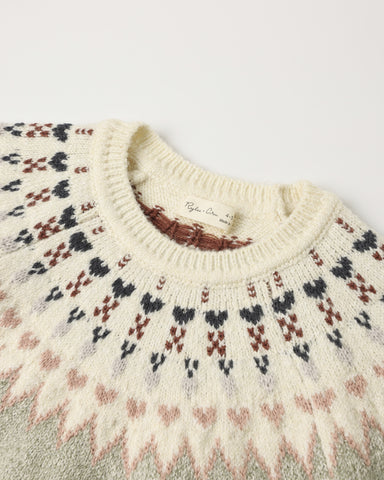 Close-up of a cream knit sweater with a Fair Isle pattern in black, brown, and dusty pink, featuring a ribbed crew neck.