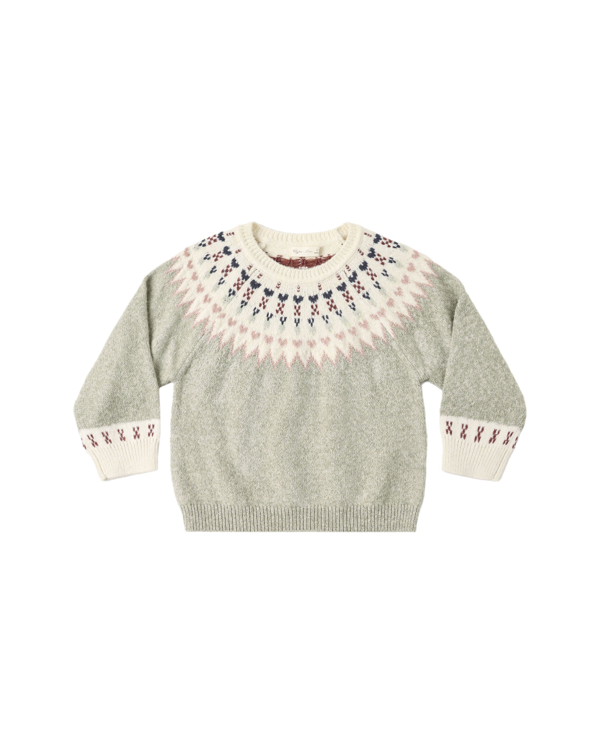 A knit crewneck sweater for toddlers, featuring a sage green body with a cream-colored Fair Isle yoke pattern and matching patterned cuffs.