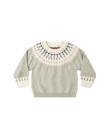 A knit crewneck sweater for toddlers, featuring a sage green body with a cream-colored Fair Isle yoke pattern and matching patterned cuffs.