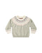 A knit crewneck sweater for toddlers, featuring a sage green body with a cream-colored Fair Isle yoke pattern and matching patterned cuffs.