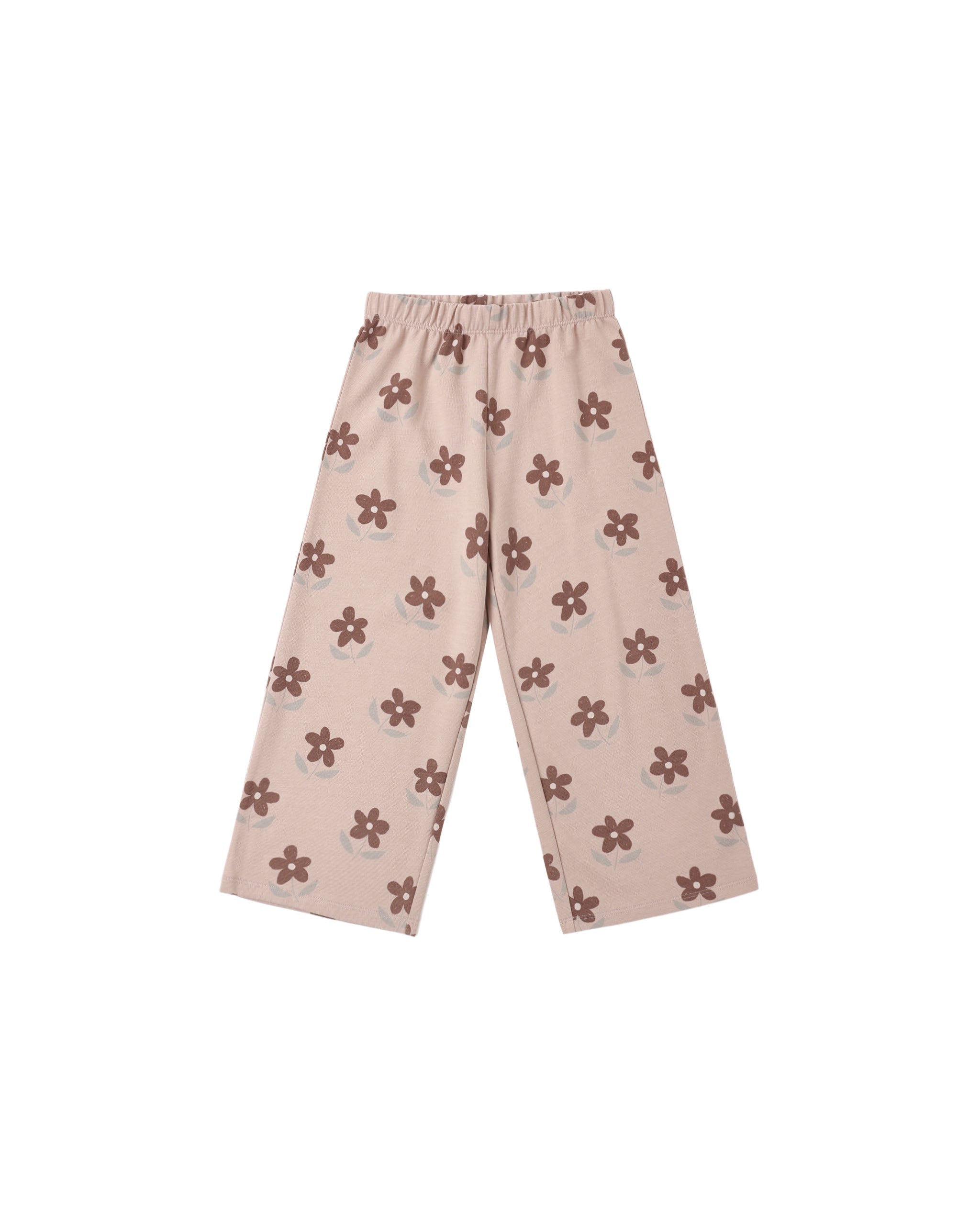 A pair of children's wide-leg pants in a light beige or dusty pink color, featuring an all-over brown flower pattern, displayed flat against a solid white background.