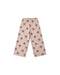 A pair of children's wide-leg pants in a light beige or dusty pink color, featuring an all-over brown flower pattern, displayed flat against a solid white background.