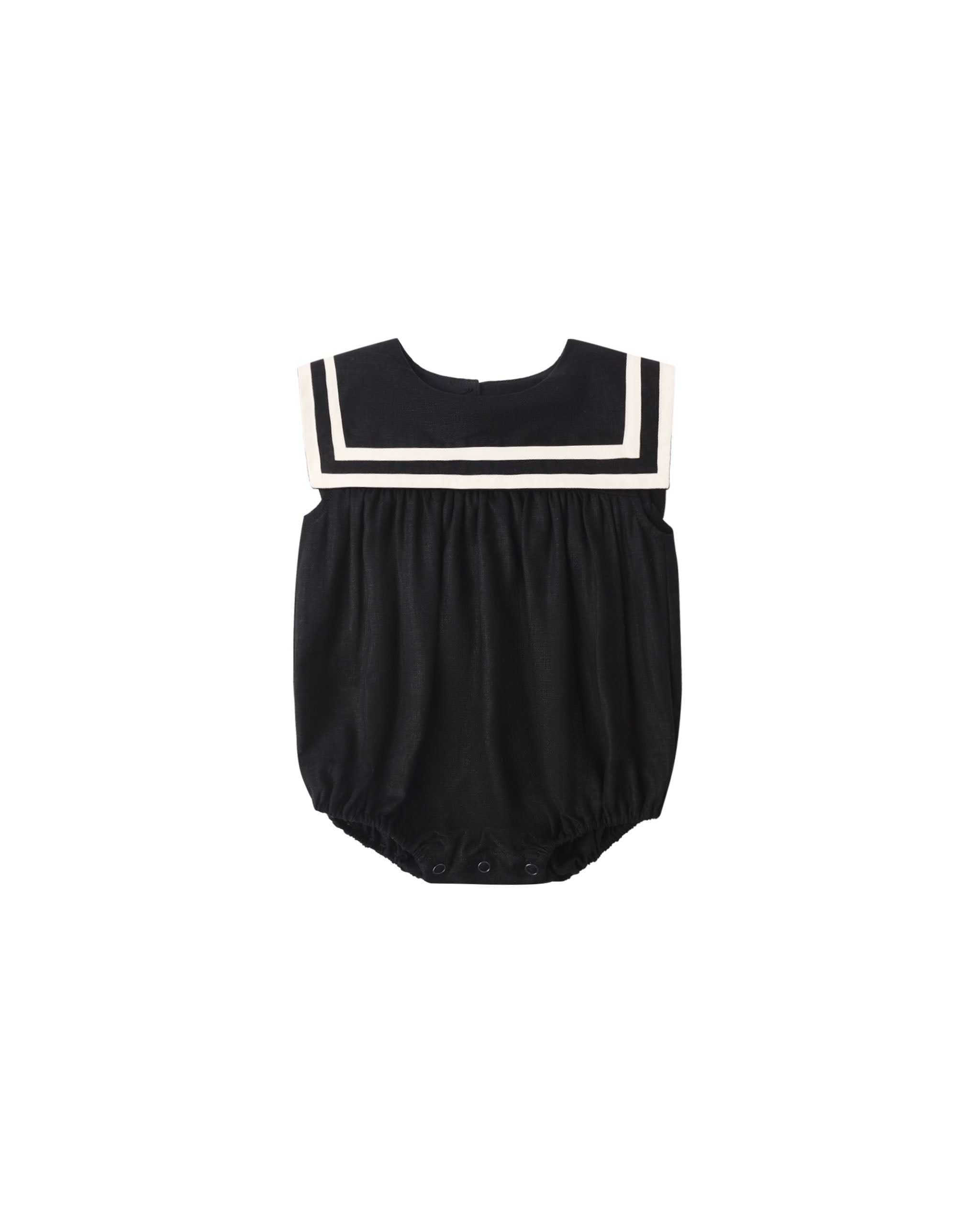 Black baby romper with white trim on a white background