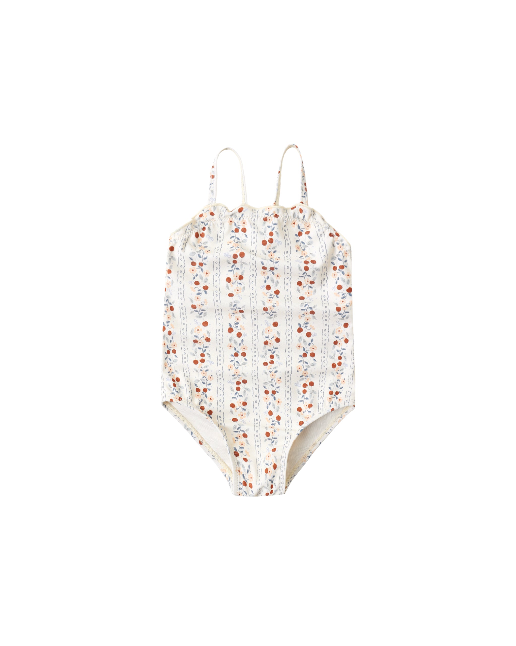 One-piece swimsuit with fruity pattern on a white background
