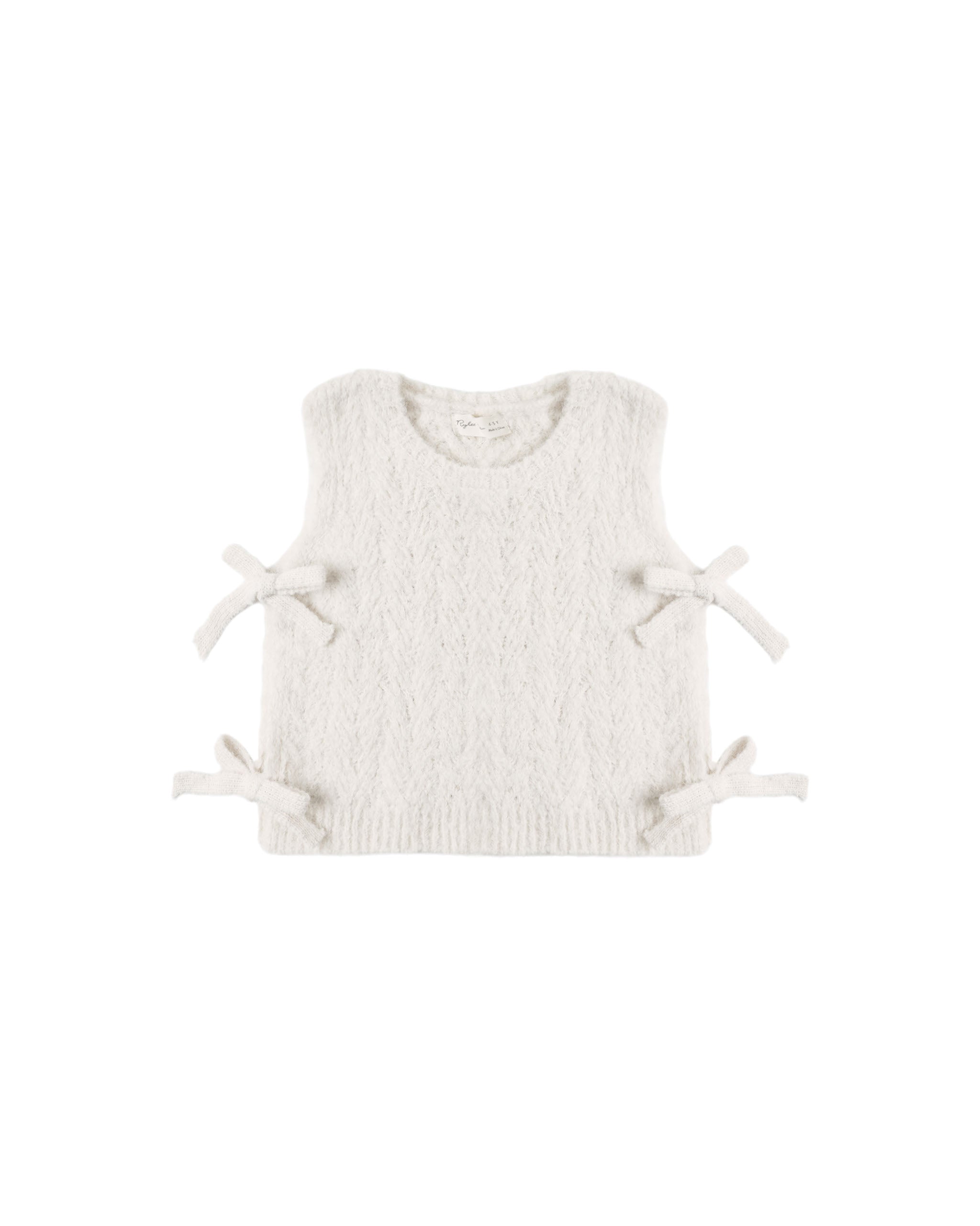 An off-white textured knit sleeveless vest with four matching fabric bow details on the sides, displayed against a solid white background.