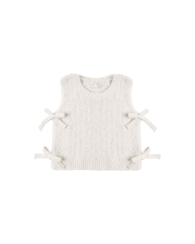 An off-white textured knit sleeveless vest with four matching fabric bow details on the sides, displayed against a solid white background.