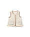 A cream-colored sherpa fleece vest with tan trim and two front patch pockets, shown flat on a white background.
