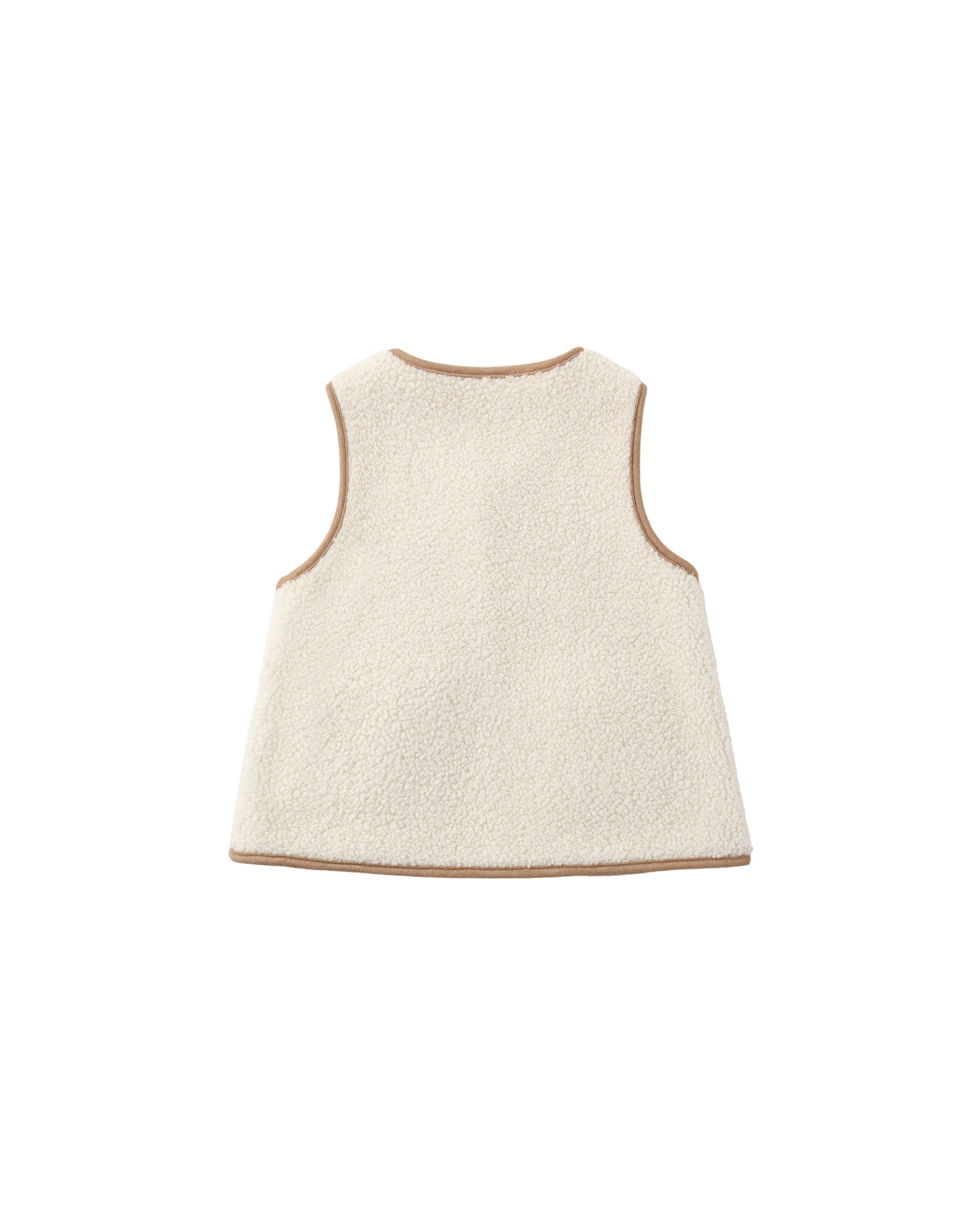 A sleeveless cream-colored fleece vest with light brown trim, shown from the back on a solid white background.