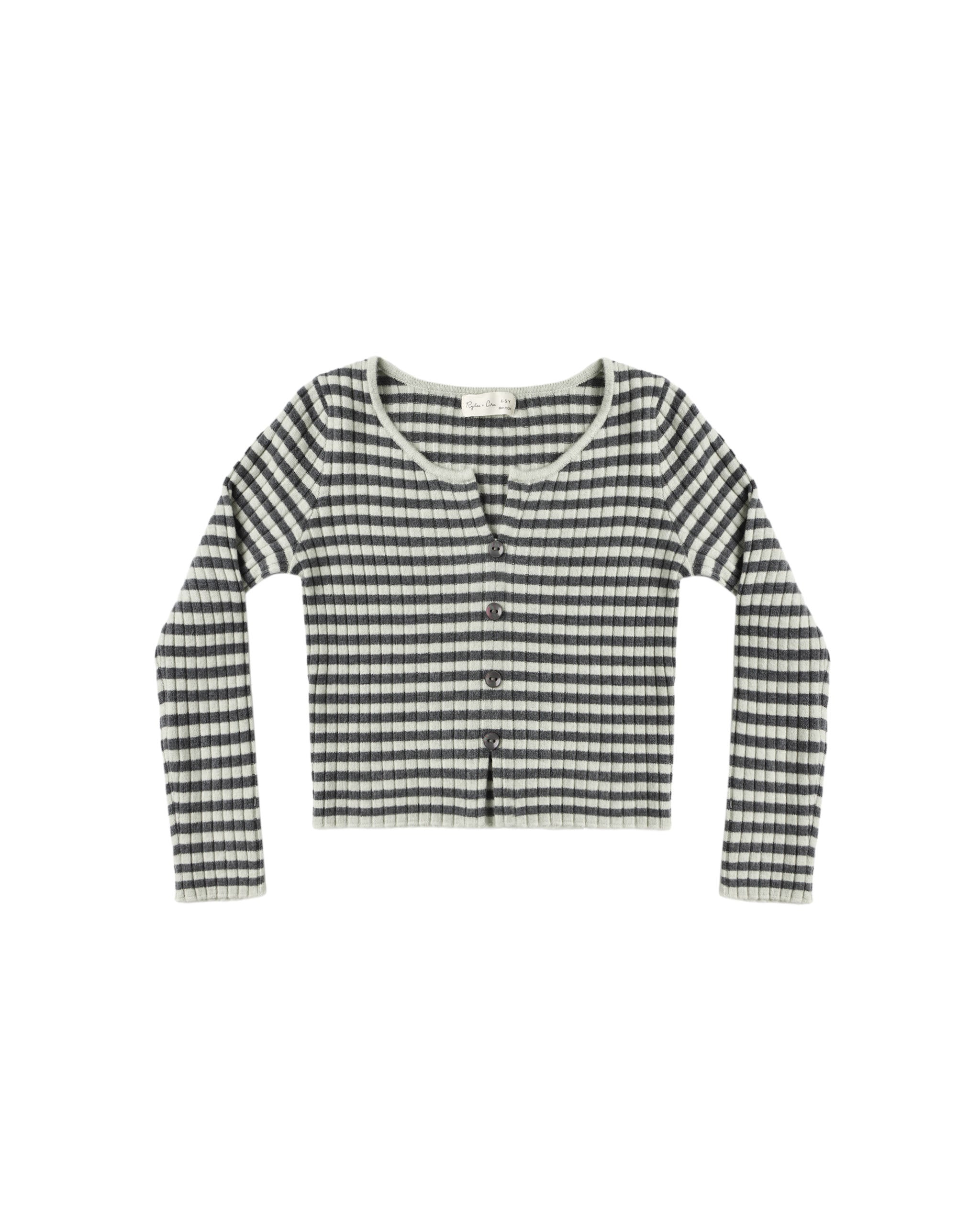 A long-sleeve cropped cardigan with a black and white striped pattern, featuring a round neckline and a button-up front.