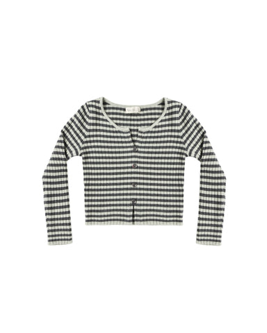 A long-sleeve cropped cardigan with a black and white striped pattern, featuring a round neckline and a button-up front.
