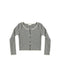 A long-sleeve cropped cardigan with a black and white striped pattern, featuring a round neckline and a button-up front.