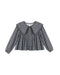 A long-sleeve children's blouse with a dark gray and white floral pattern, featuring a large Peter Pan collar and a smocked bodice, shown against a plain white background.