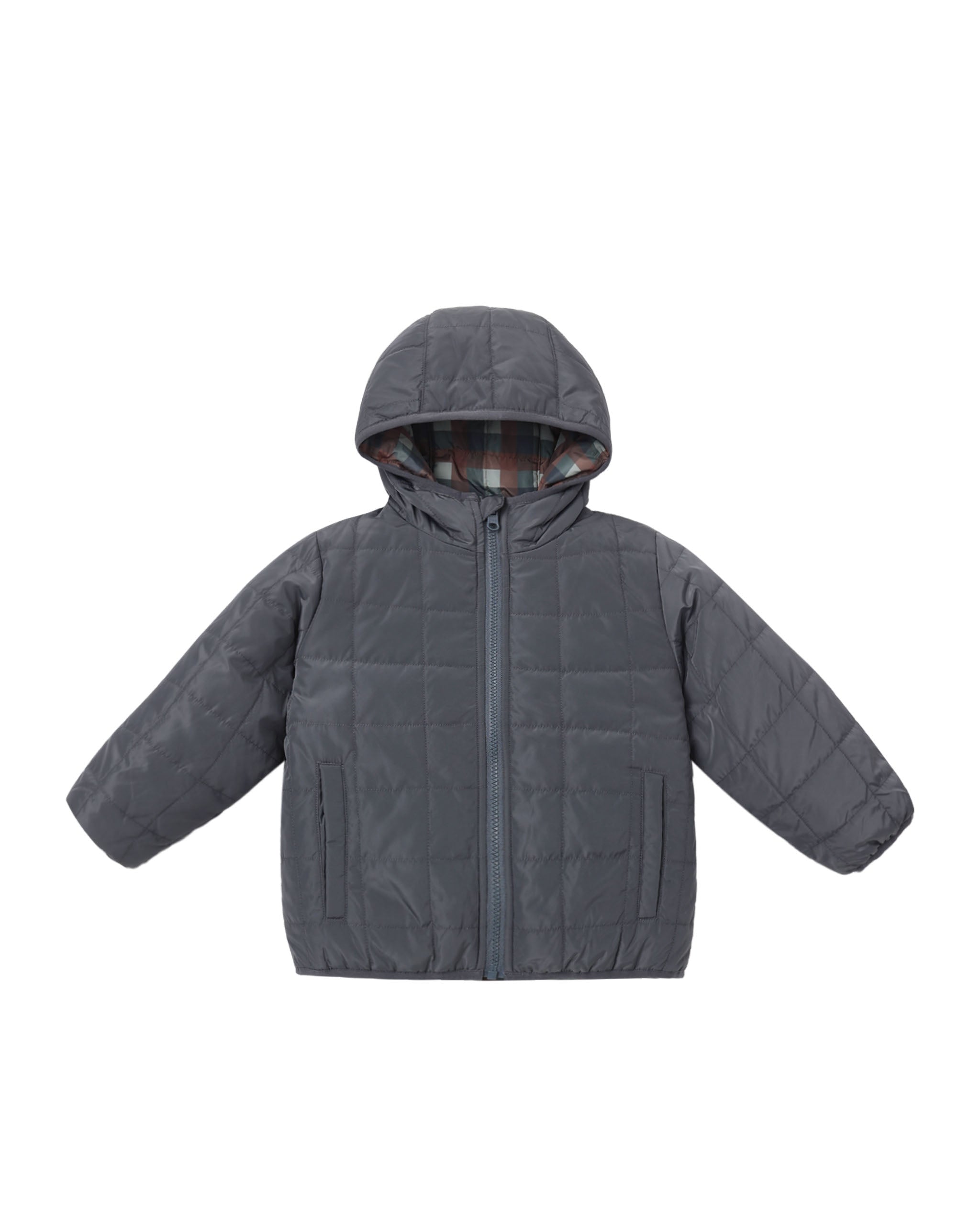 A dark gray quilted hooded jacket with a full front zipper and side pockets, shown against a plain white background.