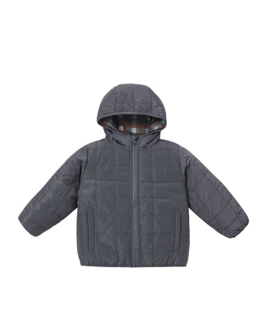 A dark gray quilted hooded jacket with a full front zipper and side pockets, shown against a plain white background.
