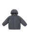 A dark gray quilted hooded jacket with a full front zipper and side pockets, shown against a plain white background.