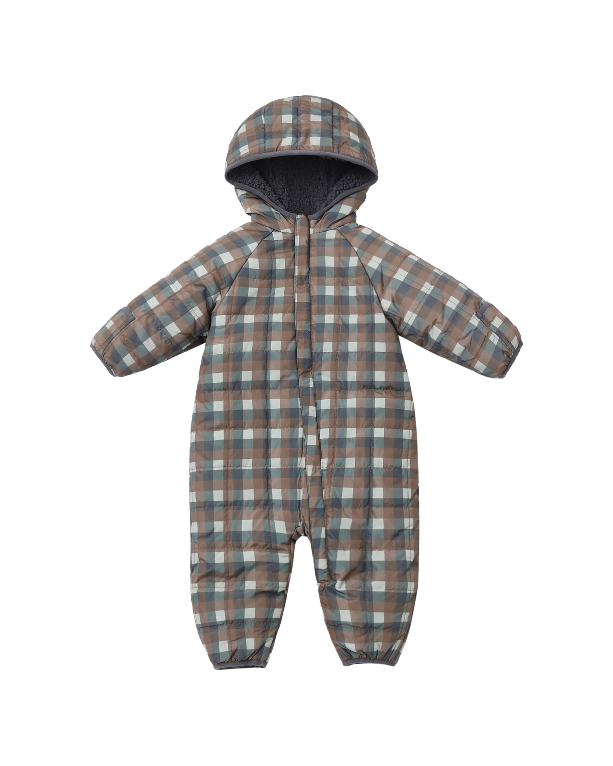A baby's full-body hooded snowsuit in a brown, beige, and white plaid pattern, shown against a plain white background.