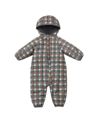 A baby's full-body hooded snowsuit in a brown, beige, and white plaid pattern, shown against a plain white background.