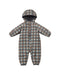 A baby's full-body hooded snowsuit in a brown, beige, and white plaid pattern, shown against a plain white background.