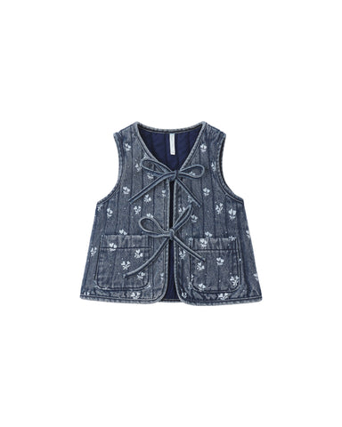 Denim vest with white floral pattern on a white background