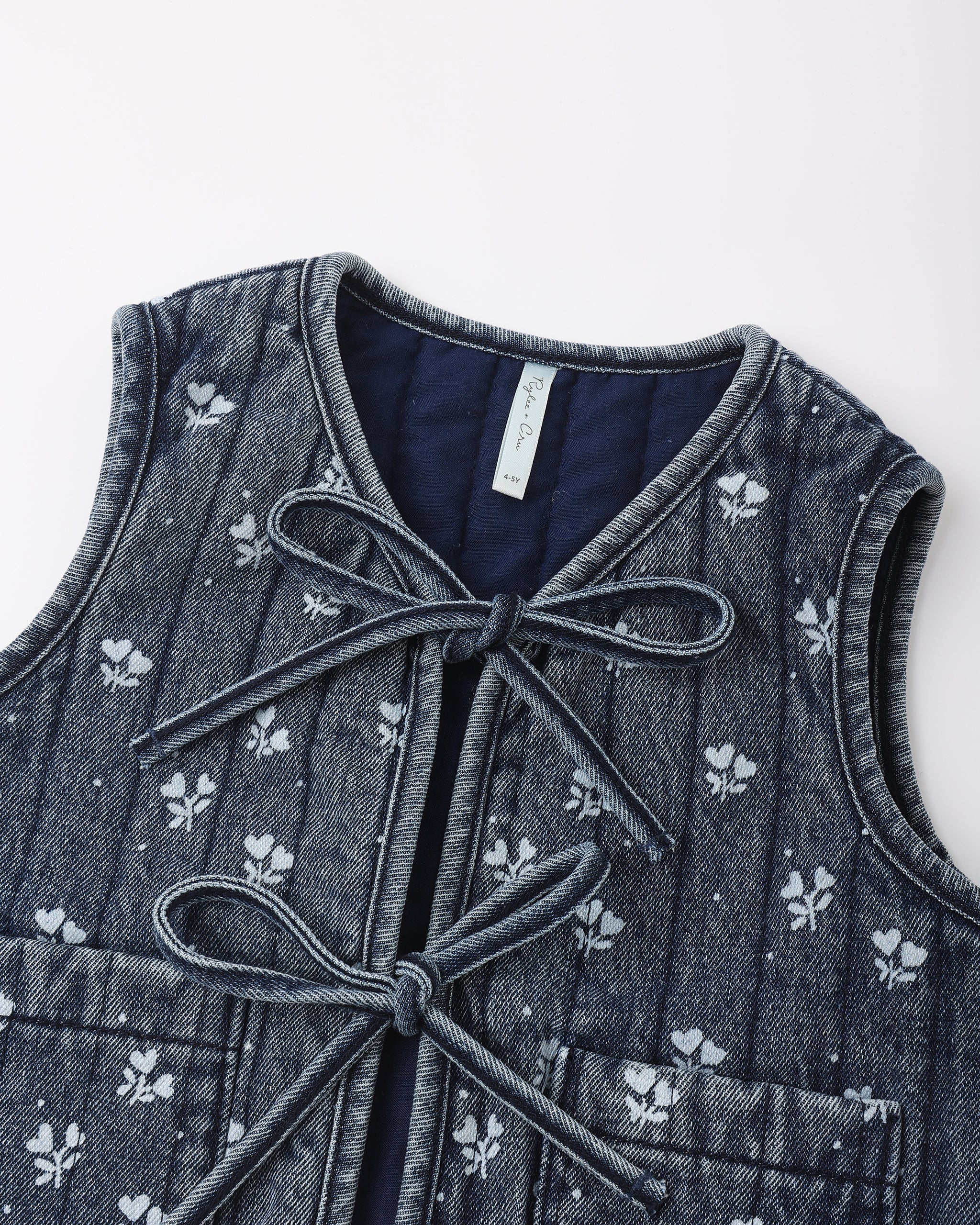 Close up of a denim fabric with a white floral pattern