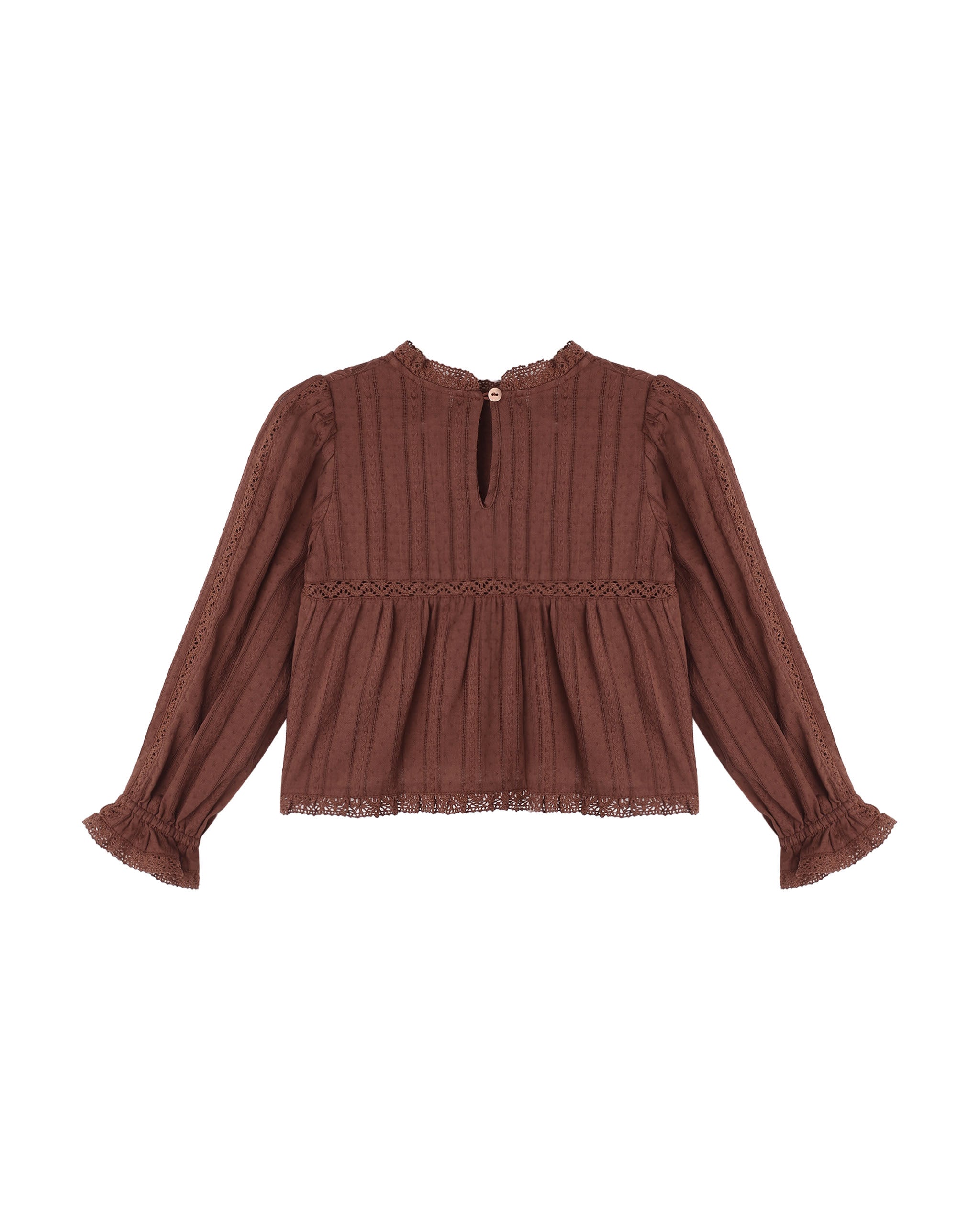 A brown long-sleeve knit top with a high round neckline, a small front keyhole detail, and a gathered peplum waist, shown against a plain white background.
