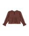 A brown long-sleeve knit top with a high round neckline, a small front keyhole detail, and a gathered peplum waist, shown against a plain white background.