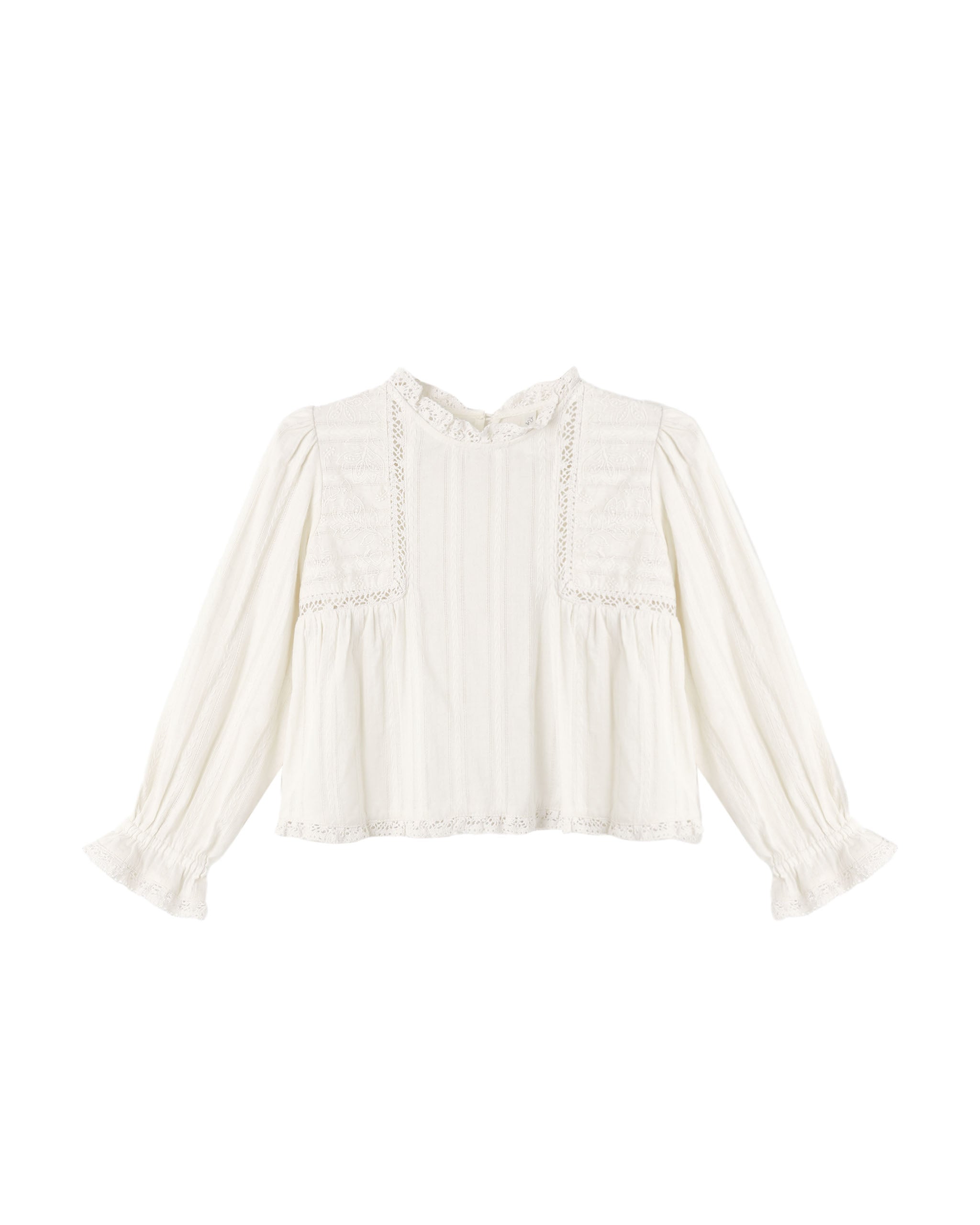 An off-white long-sleeve blouse with ruffled trim, a high ruffled collar, and a gathered peplum-style waist, shown against a plain white background.