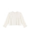 An off-white long-sleeve blouse with ruffled trim, a high ruffled collar, and a gathered peplum-style waist, shown against a plain white background.