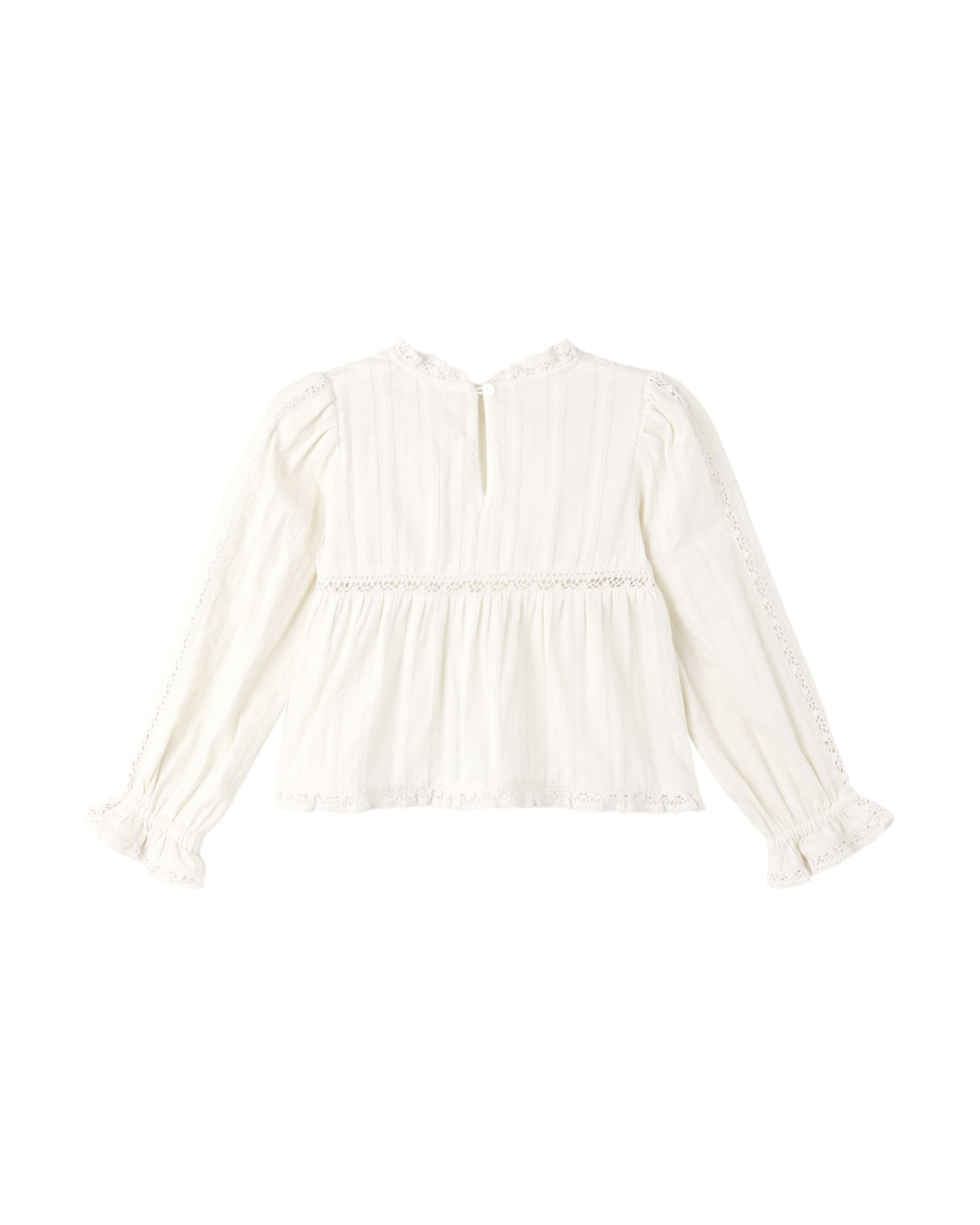 An off-white long-sleeve blouse with vertical ruffles, a ruffled neckline, and ruffled cuffs, displayed against a solid white background.